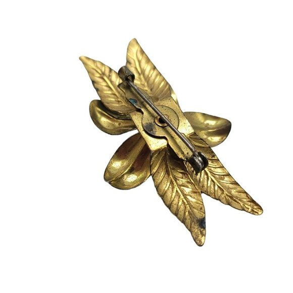 Red Rhinestone Gold Tone Brass Flower 1930/40s Vintage Brooch C Clasp - Picture 4 of 4